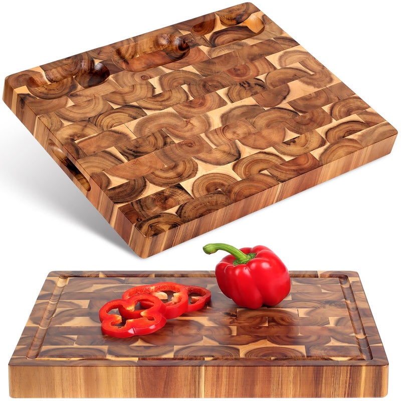 FANICHI Acacia End Grain Cutting Board (17x13x1.5in), Butcher Block - Reversible Multipurpose Chopping Board with Juice Groove, Cracker Holder & Inner Handles - Image 1